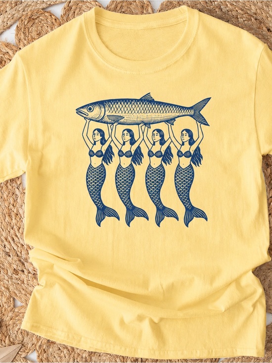 Gildan Tops - Mermaids holding four fish Yellow Mermaid Fish Graphic Tee - Unbranded